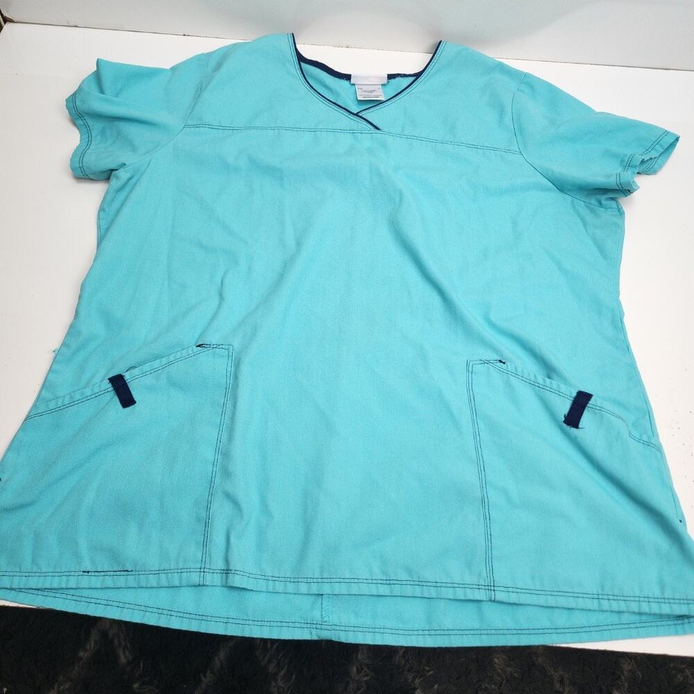 Scrub Star Aqua & Navy Blue V-Neck Short Sleeve Scrub Top Women's Size L